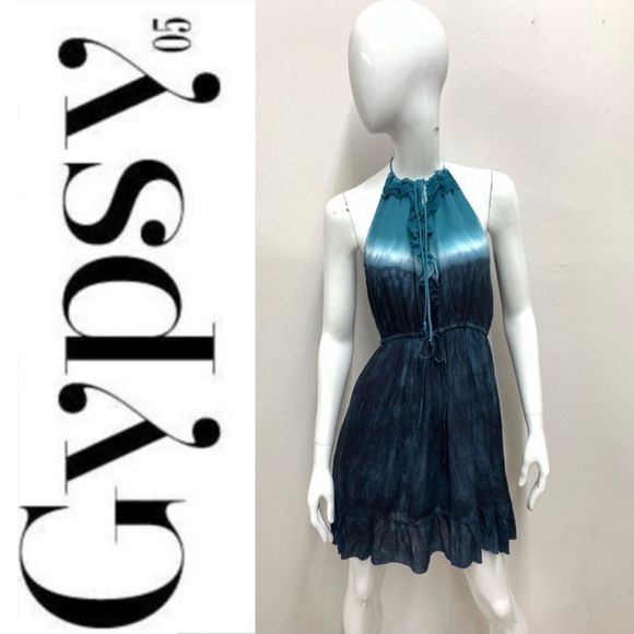 New Revolve Gypsy 05 Sexy Boho chic Blue Tie Dye ombré Halter Mini Party Dress - Picture 9 of 12